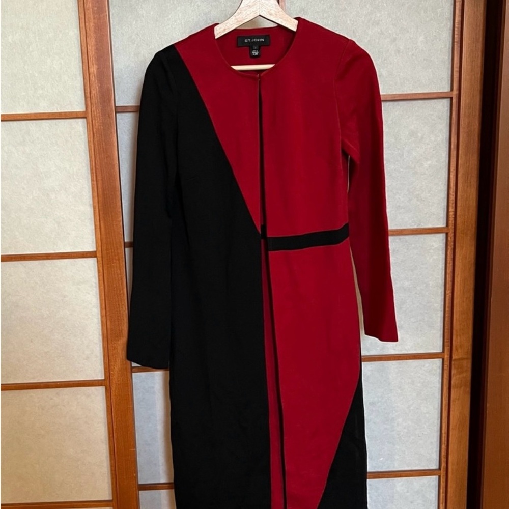 ❤️ NEW St. JOHN Colorblock Red and Black Long Sleeve Coat Dress